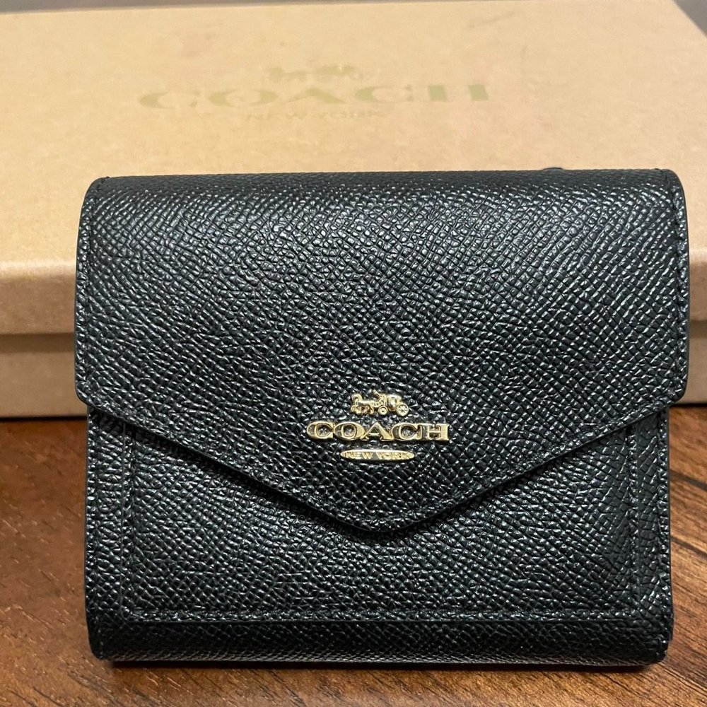 Coach - Small Trifold Wallet, Black, Crossgrain Leather 4 1/4" (L) x 3 3/4" (H)